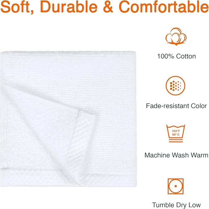 Amazon basics cotton washcloths, Lightweight quick-dry, 12" x 12", 12-pack, white