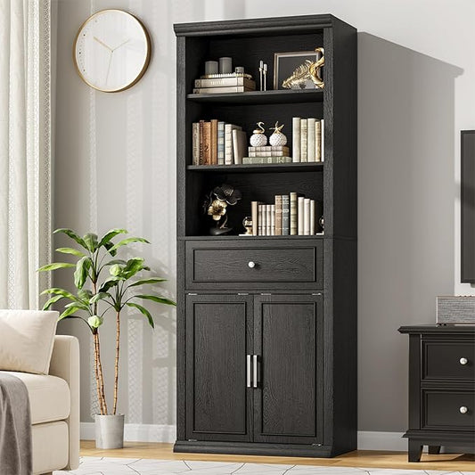 Rresyet Bookcase, 6 Tier Black Bookshelf 28" W Tall Minimalist Bookshelves with Storage Cabinet Suitable for Offices, Libraries, Living Rooms