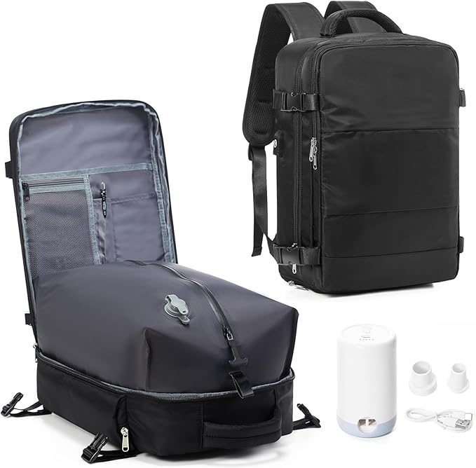 Vacuum Backpack Travel with Electric Vacpack Pump, Vacuum Compression Bags Travel Backpack for Women Men, Flight Approved Waterproof Carry on Backpacks Laptop Work Weekender Daypack, Medium,Black