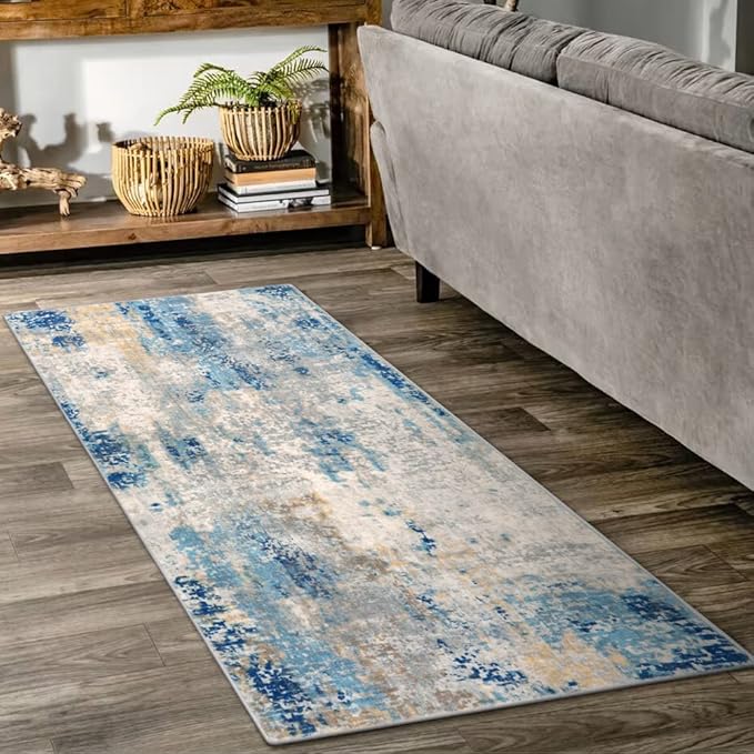 Lahome Modern Abstract Laundry Rug Runner, 2x4.3 Washable Throw Carpet Runner for Entryway, Soft Non-Slip Indoor Mat Runner Rug for Kitchen Master Bedroom Living Room Seat Door, Blue/Yellow/Ivory
