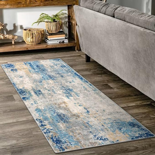 Lahome Modern Abstract Laundry Rug Runner, 2x4.3 Washable Throw Carpet Runner for Entryway, Soft Non-Slip Indoor Mat Runner Rug for Kitchen Master Bedroom Living Room Seat Door, Blue/Yellow/Ivory