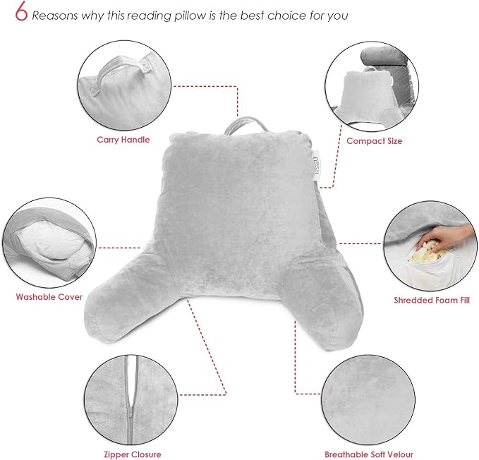 Nestl Reading Pillow with Shredded Memory Foam, Designed for Sitting Up in Bed and Couch, Back and Arms Adjustable Support for Adult & Teens Backrest Pillows for Reading with Washable Cover Light Grey