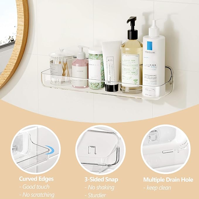 UDD Acrylic Clear Shower Caddy Adhesive Shelf, Plastic Shower Organizer with Self Adhesive Tape, No Drilling Wall Mount Shower Shelves for Bathroom Kitchen, Transparent