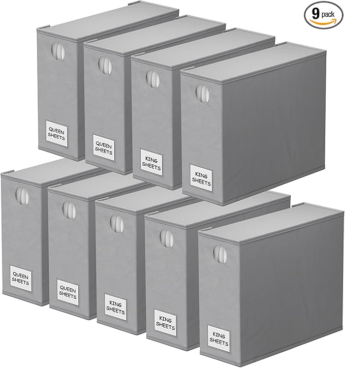 SpaceAid 9 Pack Bed Sheet Organizers and Storage, Foldable Sheet Organizer with Window for Linen Closet, Set Folder Keeper for Queen & King Size Bedding Storage (Gray)