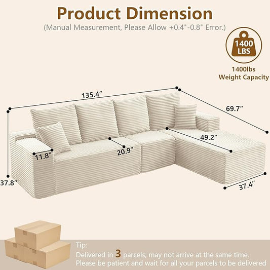 135" Cloud Sectional Couch with L-Shape Chaise, Modern Modular Comfy Sofa Chaise Longue, Upholstered Corduroy Couches Sleeper with Deep Seat for Living Room Bedroom, No Assembly Required, White