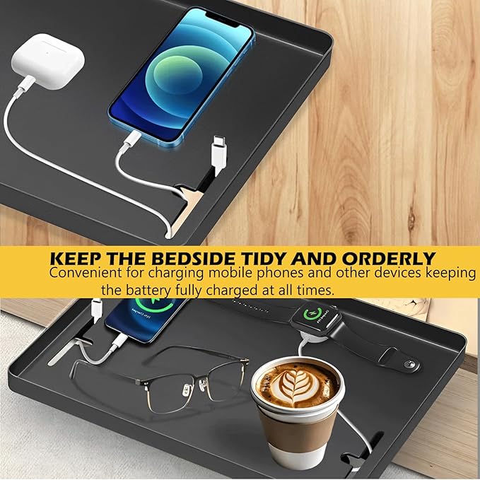 Bedside Shelf for Dorms – Space-Saving Clip-On Bed Tray with T-Shape Cable Management - Bed Caddy for College, Kids & Small Rooms