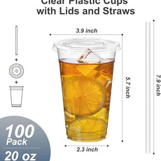 100 Pack - 20 oz Clear Plastic Cups with Lids and Straws, Sturdy & Food Safe Iced Coffee Cups with lids, Disposable Plastic Smoothie Cups for Cold Drinks