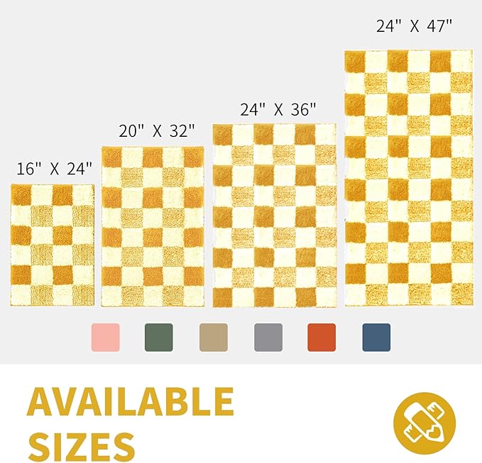 CozeCube Bath mats for Bathroom Non Slip, Fluffy Absorbent Microfiber Bath mat Washable, Aesthetic Bathroom Rugs, Cute Harvest Gold Checkered Bath mat, Harvest Gold, 32" x 20"
