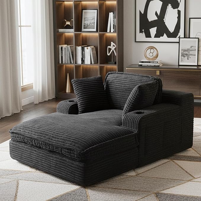 67" Oversized Chaise Lounge Chair Indoor, Soft Boneless Cloud Couch with 3 Pillows, 4 Side Pockets and 2 Cup Holders, Comfy Corduroy Sleeper Couch for Living Room Bedroom, Black