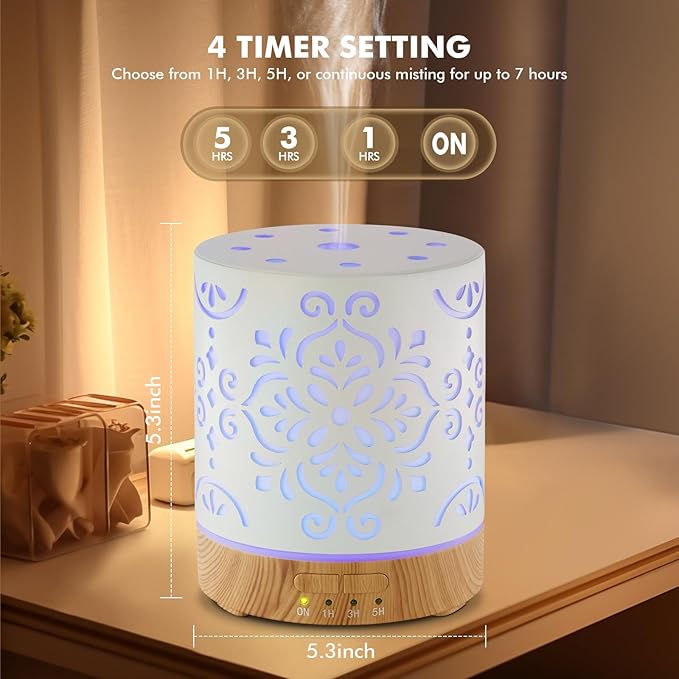 Essential Oil Diffuser for Home - 300ML Metal Aromatherapy Diffuser with Auto Shut-Off Protection & 4 Timers, Ultrasonic Cool Mist Humidifier with 7 Color LED Lights for Large Room, Home Office Décor