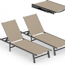 Ciokea Aluminum Outdoor Lounge Chair Set of 2- No Assembly Needed, Foldable Patio Chaise Lounge with 5 Adjustable Positions, Reinforced Frame for Extra Durability, Pool Beach Lounge Chair, Khaki