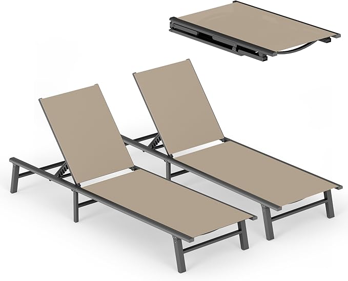 Ciokea Aluminum Outdoor Lounge Chair Set of 2- No Assembly Needed, Foldable Patio Chaise Lounge with 5 Adjustable Positions, Reinforced Frame for Extra Durability, Pool Beach Lounge Chair, Khaki