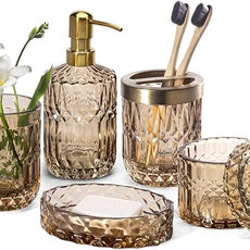EMPO 6PCS Bathroom Clear Glass Accessories Set (Lotion Soap Dispenser, Soap Dish, Toothbrush Holder, Tumbler, Cotton Swab Jar), Contemporary Modern Decor Crystal Vintage Gift (6pcs Brown)