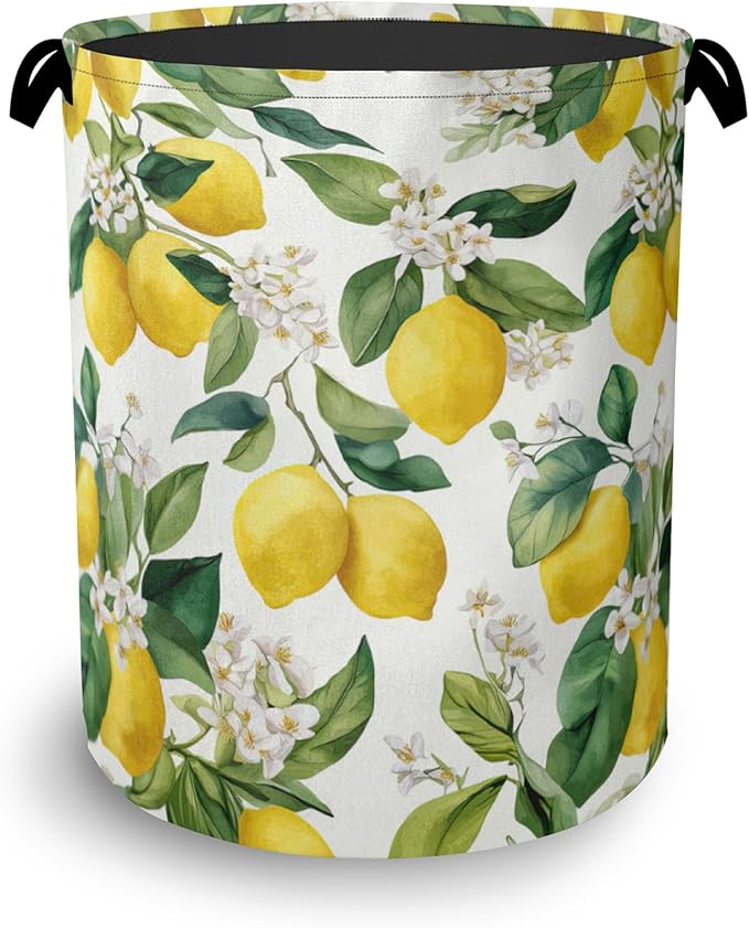 Lemon Laundry Basket,Flower Leaf Foldable Oxford Cloth Tote Bag Laundry Hamper Clothes Storage Bucket Organizer for Bedroom Laundry Storage Dormitories 16" x 20.8"