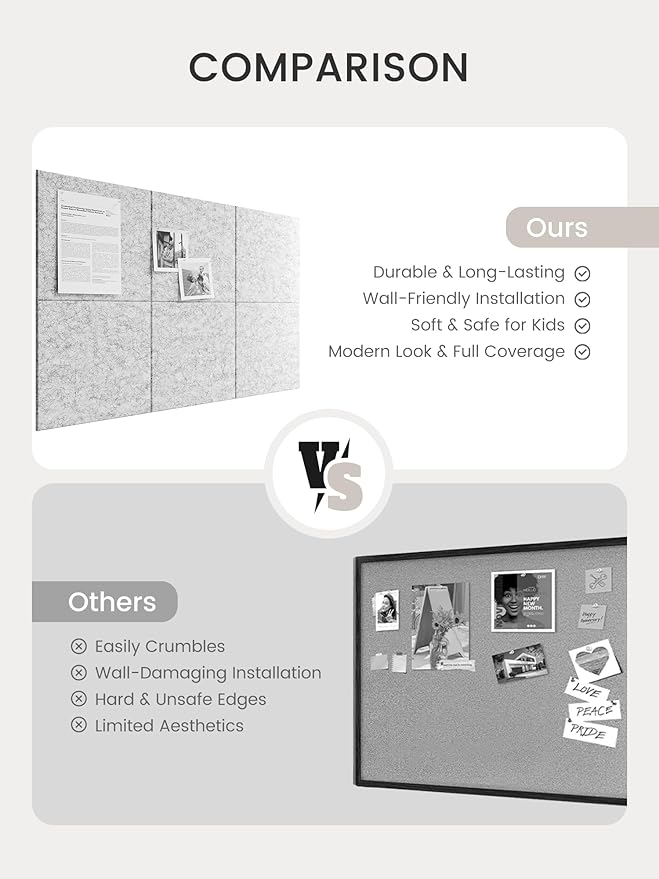 Bumusty Large Cork Board 36"x24" Alternative - 6 Pack Felt Wall Tiles with 40 Safe Removable Adhesive Tabs, 30 Pushpins, Cork Boards for Walls Pin Board Bulletin Board Office Decor (Marble Gray)