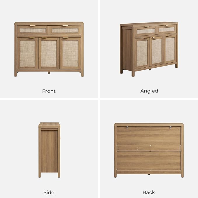 SICOTAS Rattan Sideboard Buffet Cabinet with Storage, Boho Credenza Accent Cabinet with 3 Doors and 2 Drawers, Farmhouse Console Coffee Bar for Kitchen, Living Room, and Entryway, Caramel Oak