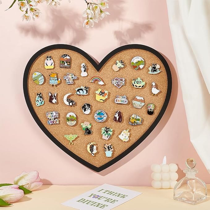 BENECREAT Pin Board Heart Cork Board Bulletin Display Board, 0.6inch Thick Wall Mounted Cork Board for Brooch Pin Storage, Office Home Festival Valentine's Decor, 11.8x10.2inch