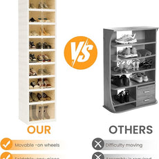 Foldable Shoe Organizer Storage Box Set of 2, Portable Extra Large Folding Shoe Rack for Closet, Shoe Storage Box with Magnetic Transparent Door and Wheels, 9 Layers 18 Grids with 2 Big Grids