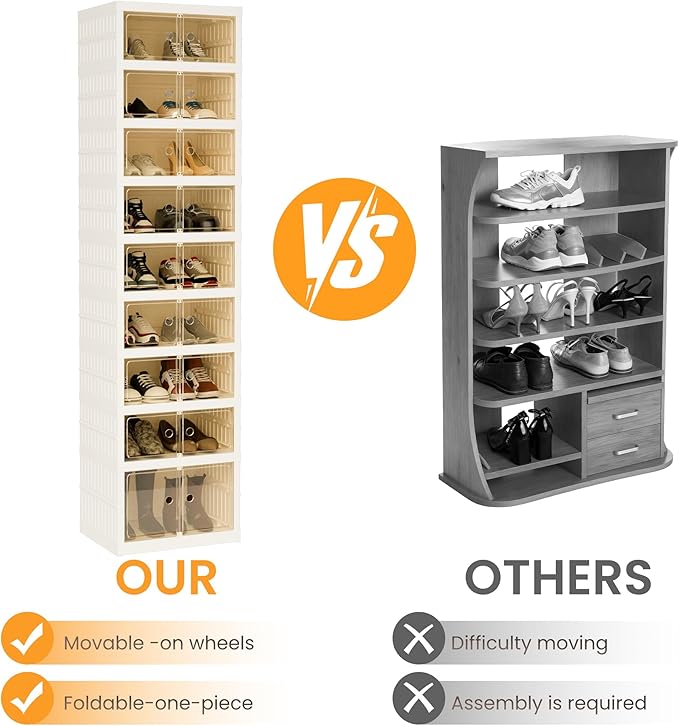 Foldable Shoe Organizer Storage Box Set of 2, Portable Extra Large Folding Shoe Rack for Closet, Shoe Storage Box with Magnetic Transparent Door and Wheels, 9 Layers 18 Grids with 2 Big Grids