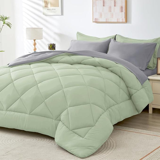 HEVUMYI Full Comforter Set - 7-Piece All Season Bed in a Bag Full, Ultra Soft Bedding Set with Comforter, Flat Sheet, Fitted Sheet, Pillowcases, Pillow Shams, Sage Green & Light Grey