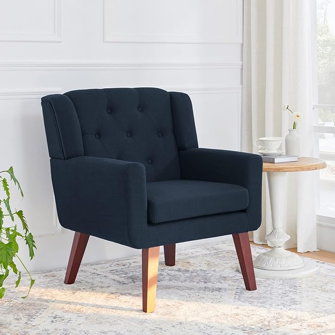 Accent Chair Button-Tufted Upholstered Living Room Chairs Comfy Reading Chair Mid Century Modern Chair with Linen Fabric Lounge Arm Chairs for Living Room Bedroom (Dark Blue)