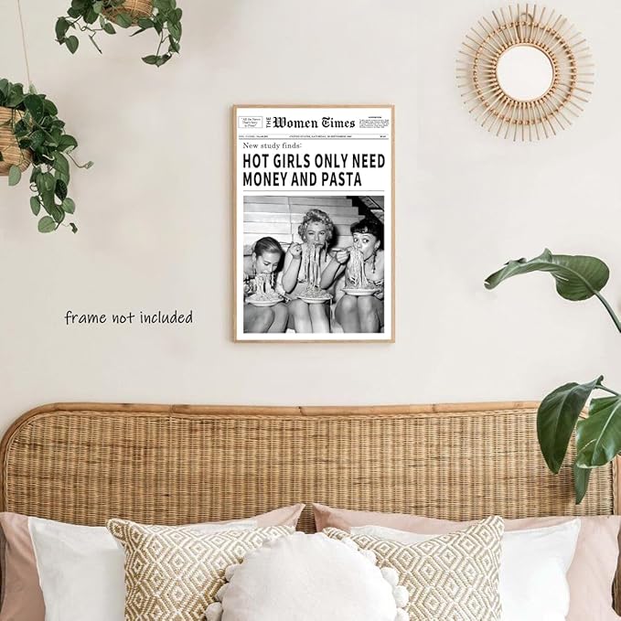 Vintage Women Times Newspaper Canvas Wall Art Black and White Aesthetic Poster Funky Hot Girl Eating Pasta Fashion Prints for Italian Kitchen Bar Cart Girly Dorm Room Art Posters 24x36inch Unframed