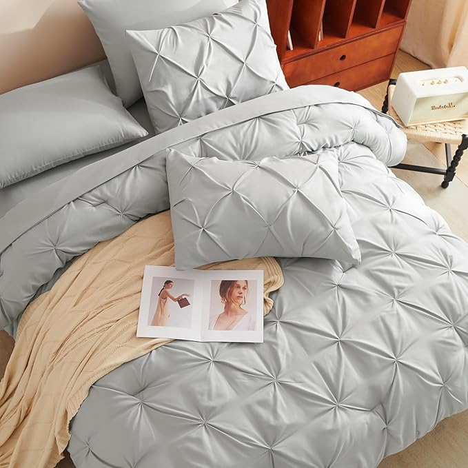 CozyLux Twin XL Comforter Set Light Grey, 5 Pieces Twin Extra Long Pintuck Bed in A Bag for College Dorm, Pinch Pleat Bedding Set with Comforter, Sheets, Pillowcase & Sham