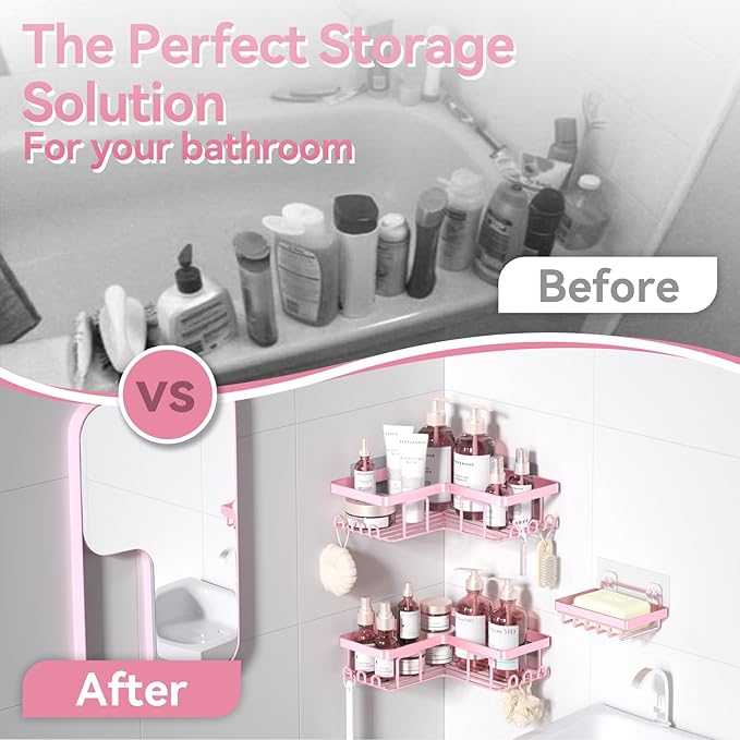 YASONIC Corner Adhesive Shower Caddy, with Soap Holder and 12 Hooks, Rustproof Stainless Steel Bathroom Organizer, No Drilling Wall Mounted Rack, Pink, 3-Pack