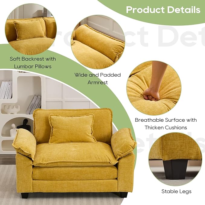 Modular Sectional Sofa, Comfy Cloud Couch, Chenille Sofa Sleeper with Deep Seat and Throw Pillows for Living Room (Yellow, 53" - Single Seat)