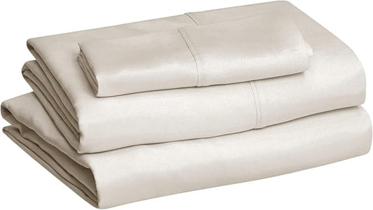 Amazon Basics Lightweight Super Soft Easy Care Wrinkle Free Microfiber 3 Piece Bed Sheet Set with 14-Inch Deep Pockets, Twin, Beige, Solid, Kids, Men & Women Bedding AmazonBasics