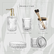 EMPO 6PCS Bathroom Clear Glass Accessories Set (Lotion Soap Dispenser, Soap Dish, Toothbrush Holder, Tumbler, Cotton Swab Jar), Contemporary Modern Decor Crystal Vintage Gift (6pcs Clear)