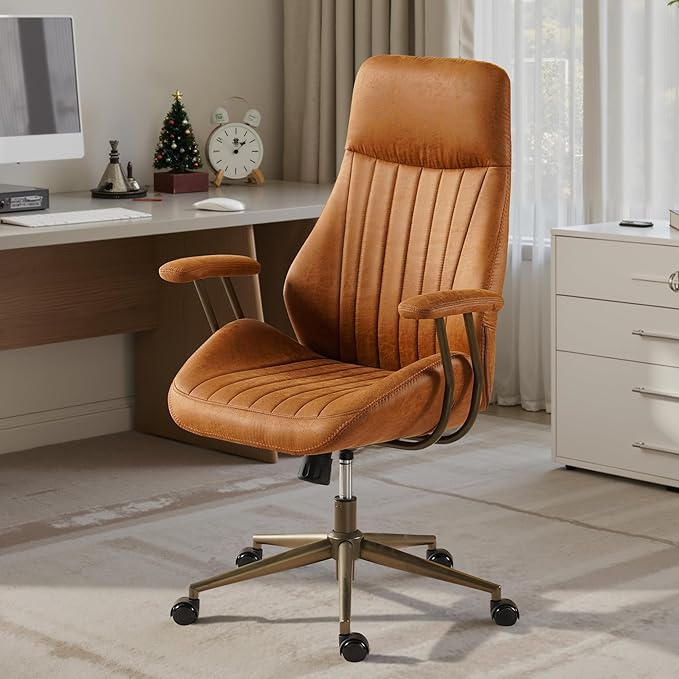 Home Office Desk Chair, Mid-Century Modern Office Chair with Adjustable Lumbar Support, Adjustable Height Executive Task Chair with 360 Rolling Swivel for Meeting Study Room(High Back, Brown)