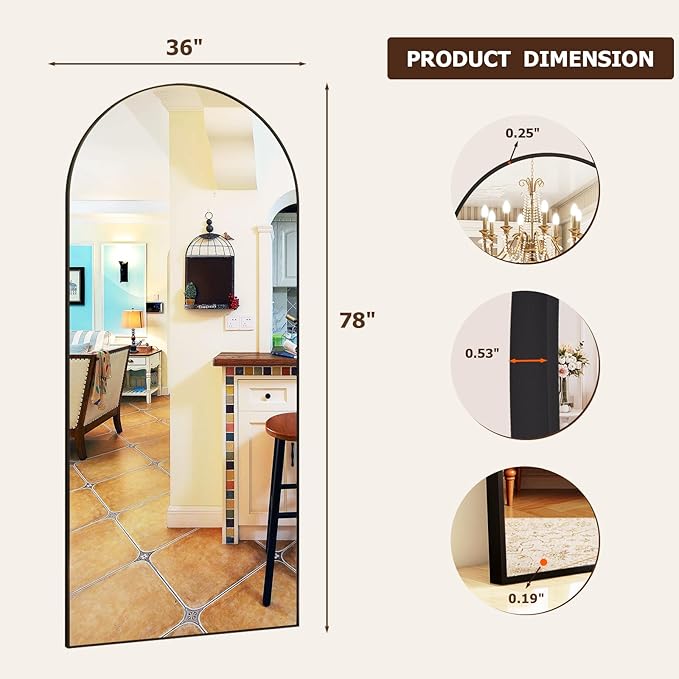 Arched Full-Length Mirror, 36"x78" Arched Floor Mirror with Stand, Wall-Mounted for Bathroom, Dressing Room - Hanging or Leaning - Full Body Mirror for Bedroom, Black