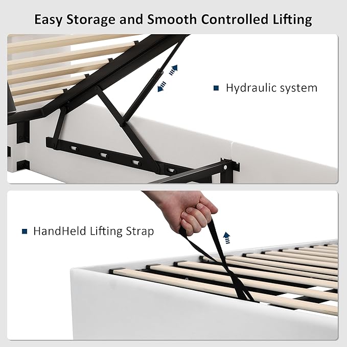 Full Size Lift Up Storage Bed, Upholstered Velvet Platform Bed Frame with Wingback Headboard, Hydraulic System, Solid Wooden Slats Support, No Box Spring Needed, Easy Assembly, White