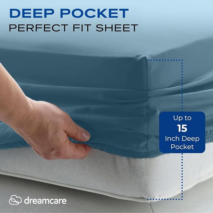 DREAMCARE Full Size Sheets Set - 4 Pcs Cooling Bed Sheets with Up to 15" Deep Pockets - Soft, Long-Lasting 100% Brushed Polyester with Side Pocket (Mineral Blue) DREAMCARE