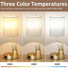 Gold Bedside Table Lamps for Bedroom Set of 2 - Nightstand Light with AC Outlet and USB A & C for Charging, 3 Color Temperatures Desk Lamp with Pen Holder & Phone Stand for Living Room/Dorm/Office