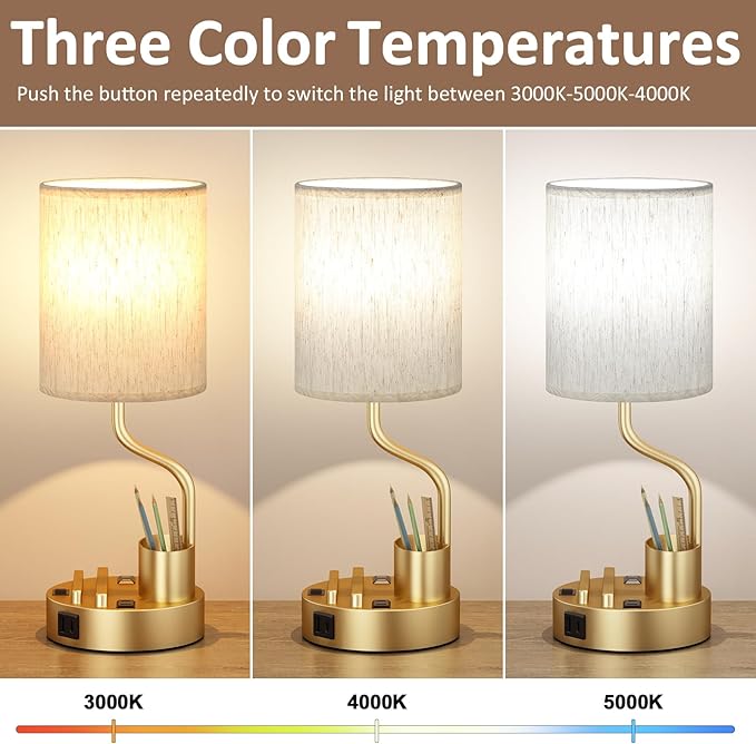 Gold Bedside Table Lamps for Bedroom Set of 2 - Nightstand Light with AC Outlet and USB A & C for Charging, 3 Color Temperatures Desk Lamp with Pen Holder & Phone Stand for Living Room/Dorm/Office