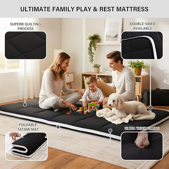 Tiita Queen Memory Foam Mattress Topper, 4" Thicken Futon Floor Mattress with Storage Bag and 2 Straps, Portable Roll Up Travel Car Camping Mattress Sleeping Pad, Black