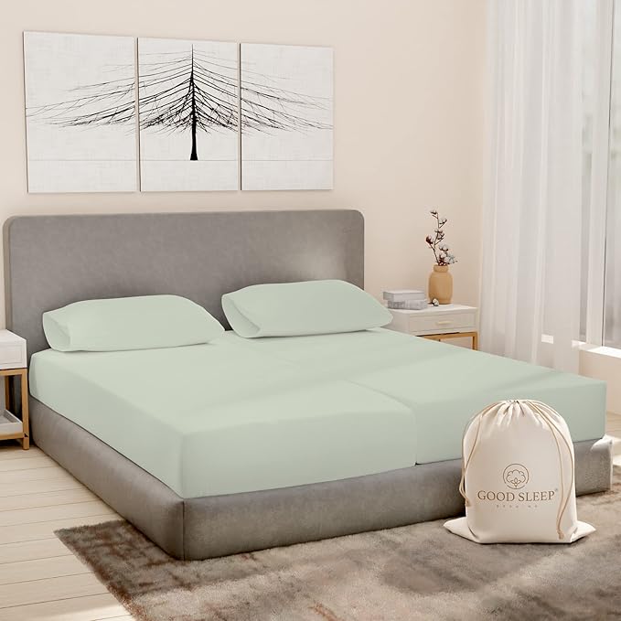 Good Sleep Bedding Split King Sheets Set - 100% Cotton, Egyptian Cotton, 5 Piece Set, 2 Fitted - 16" Deep Pocket, Sateen, Sage GoodSleepBedding