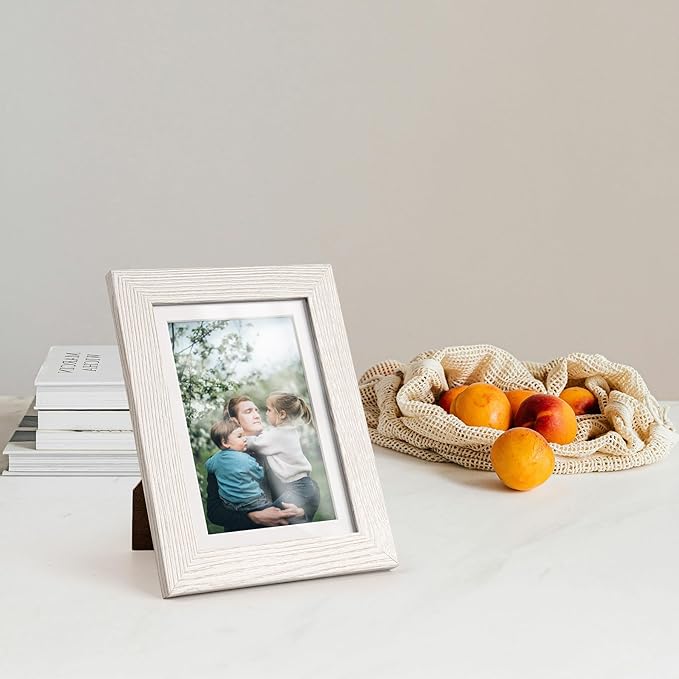 5x7 Picture Frame with Mat for 4x6, Rustic White Wood Grain 5 x 7 Gallery Wall Picture Frames for Tabletop or Wall Mounting(4 Pack, White)