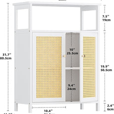 HITNET Bamboo Cabinet, Rattan Storage Cabinet with Doors, Freestanding Floor Cupboard for Bathroom, Living Room, Hallway, White