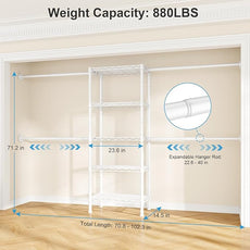 Ulif M2 Wall Mounted Closet System, Clothes Rack Mounted onto the Wall with 4 Expandable Hanger Rods and 5 Metal Shelves, Clothing Organizer Storage in (70.8-102.3)