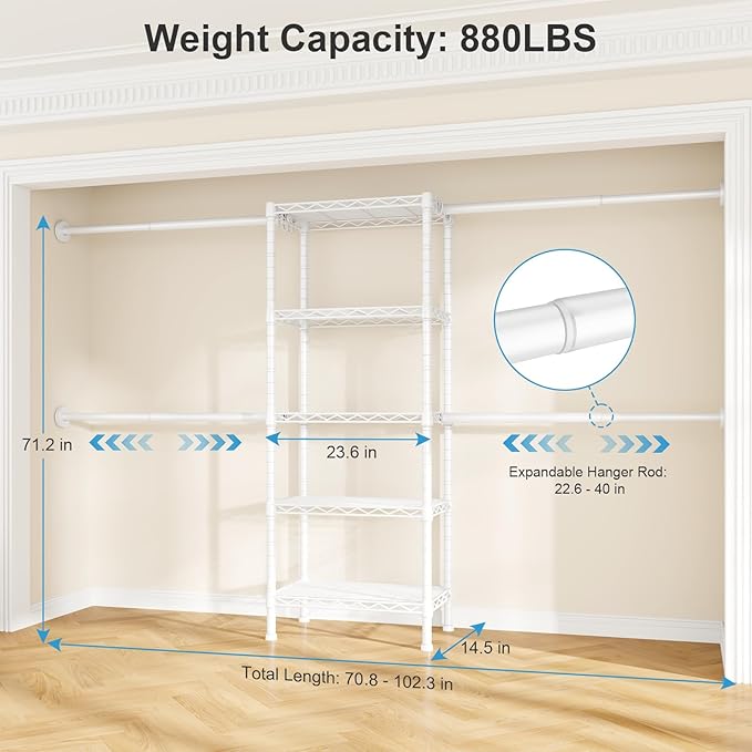 Ulif M2 Wall Mounted Closet System, Clothes Rack Mounted onto the Wall with 4 Expandable Hanger Rods and 5 Metal Shelves, Clothing Organizer Storage in (70.8-102.3)" L x 14.5" D x 71.2" H, White