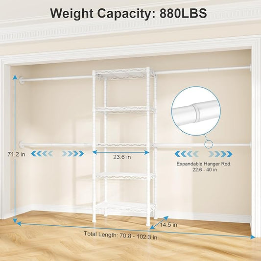 Ulif M2 Wall Mounted Closet System, Clothes Rack Mounted onto the Wall with 4 Expandable Hanger Rods and 5 Metal Shelves, Clothing Organizer Storage in (70.8-102.3)" L x 14.5" D x 71.2" H, White