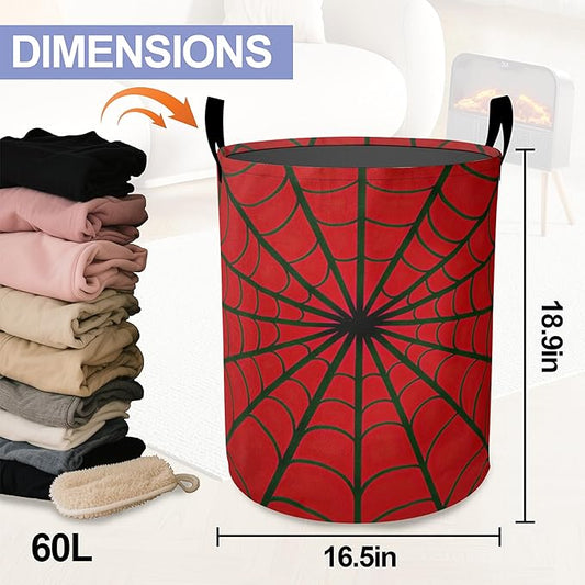 Red Spider Web Laundry Basket-Large Foldable Hamper Holder Portable Tall Collapsible Laundry Hamper Storage Basket Bin with Handles, Canvas & Waterproof lining for Household Items
