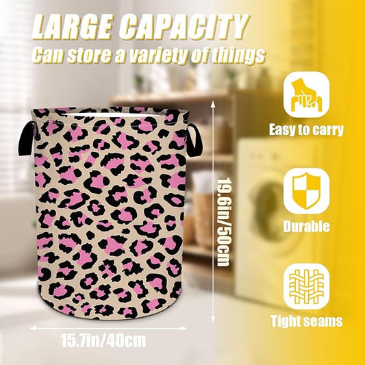 Brown Pink Leopard Laundry Basket,Foldable Oxford Cloth Funny Tote Bag Laundry Hamper Clothes Storage Bucket Toy Organizer For Bathroom Laundry Storage Bedroom 18.9x16.5