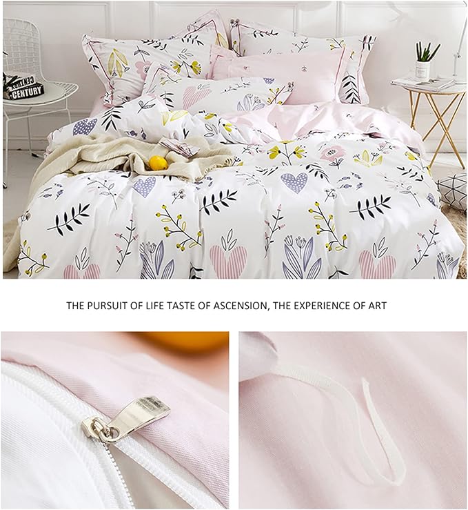 Girls Duvet Cover Queen Floral Bedding Sets White Pink Premium Cotton Colorful Pink Flower Aesthetic Bedding Cover Queen for Teens Women Reversible Comforter Cover Boho Branches Bedding Collection
