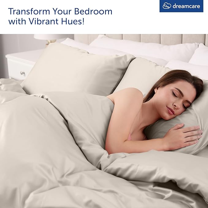 DREAMCARE King Size Sheets Set – 4 pcs Cooling Sheets – up to 21” Deep Pocket King Sheet Set – Hotel Luxury Sheets & Pillowcases – Superior Softness 100% Microfiber with Side Pocket - Beige DREAMCARE