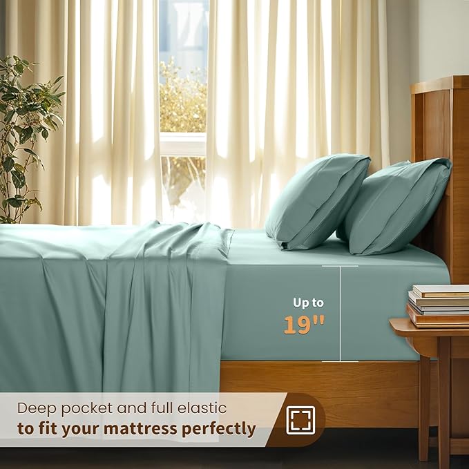 LBRO2M 100% Cotton Sheets Set Deep Pocket 19", 1000 Thread Count California King Size 4 Piece Bed Sheet Sets Soft Comfortable Bedding All Season (California King, Sage Green) LBRO2MBedding
