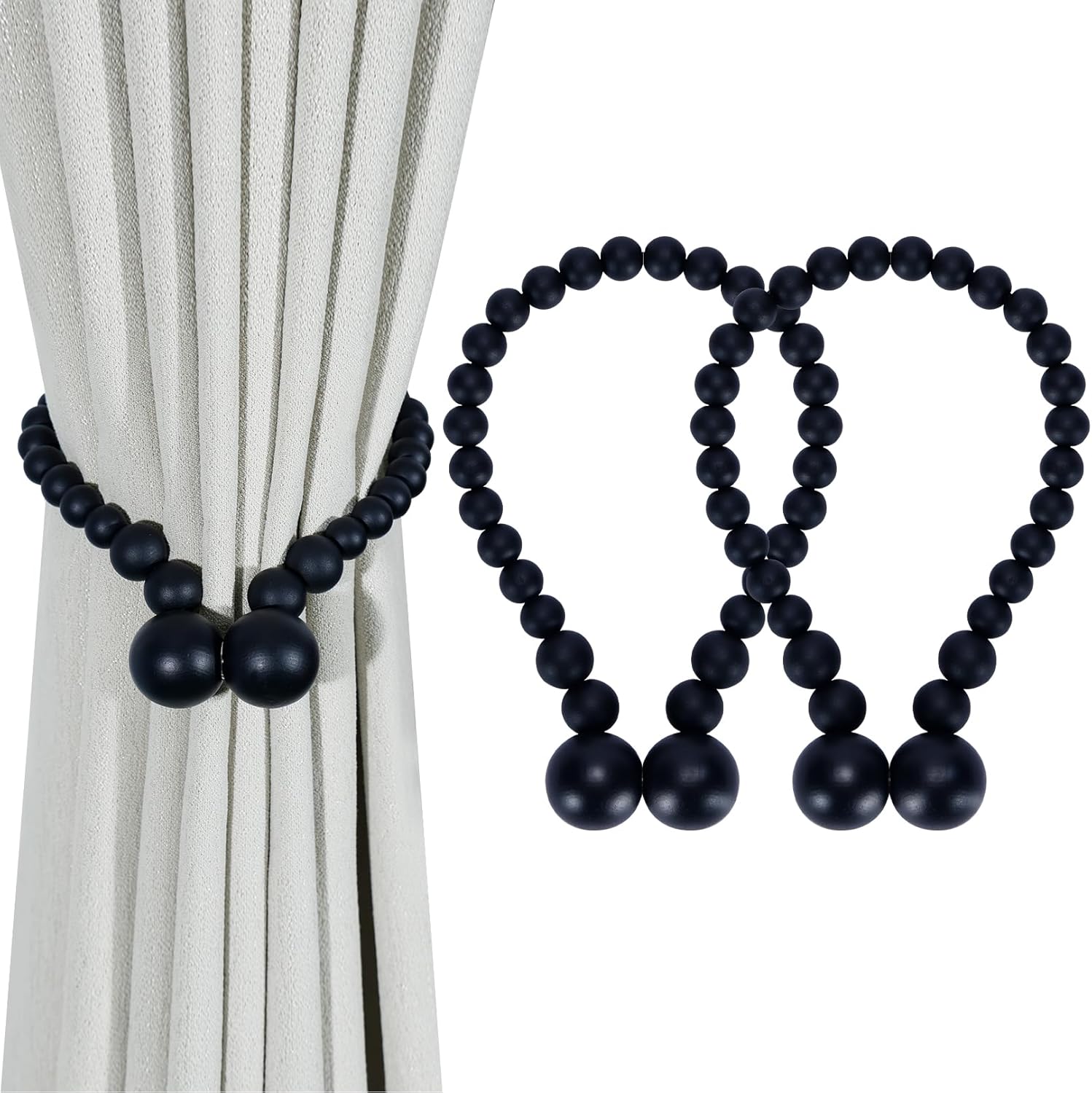 KLOGTSIND Magnetic Curtain Tiebacks, Curtain Tie Backs for Curtains 4 Pack, Wood Bead Curtain Tiebacks, Curtain Holders for Boho Bedroom Decor, Baby Nursery Decor, Farmhouse Decor Dormly
